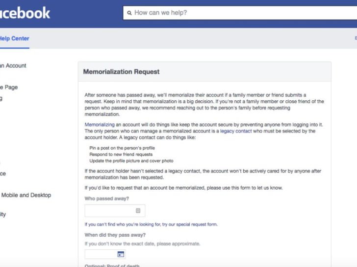 How do I memorialize my Facebook account after death?