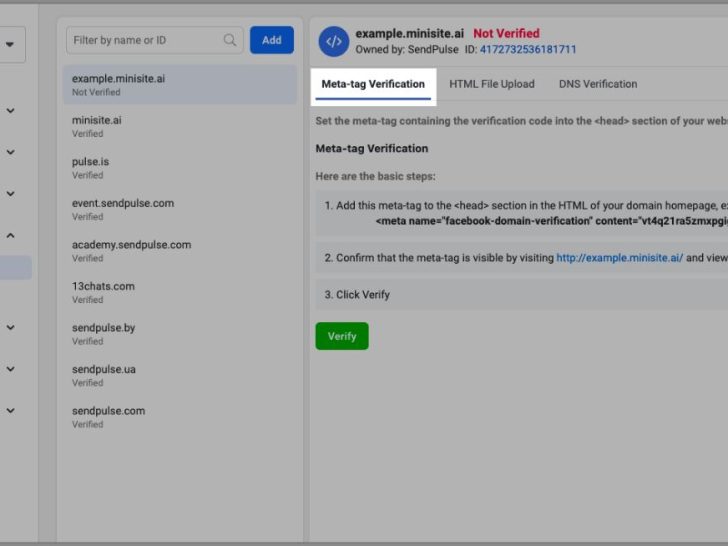 Where is the meta tag verification tab Facebook?