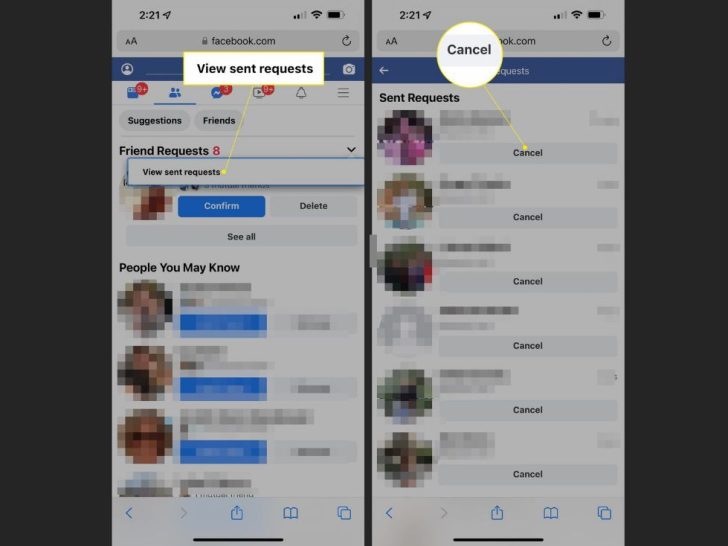 How do I see sent requests on Facebook Mobile App?