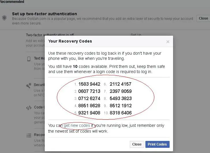 How many digits is Facebook recovery code