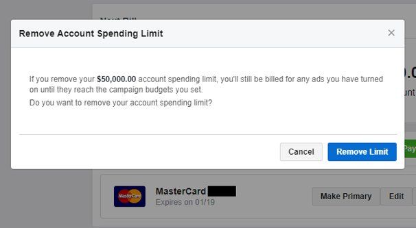 How to reset account spending limit on Facebook prepaid account