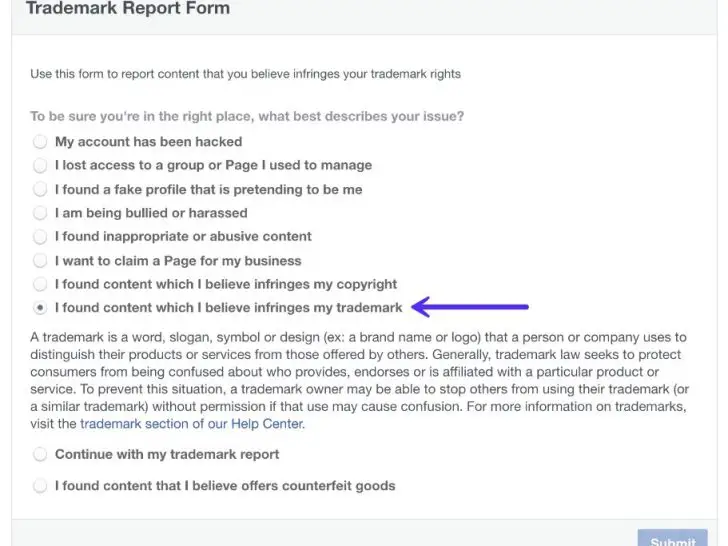 How do I report a trademark infringement group on Facebook?