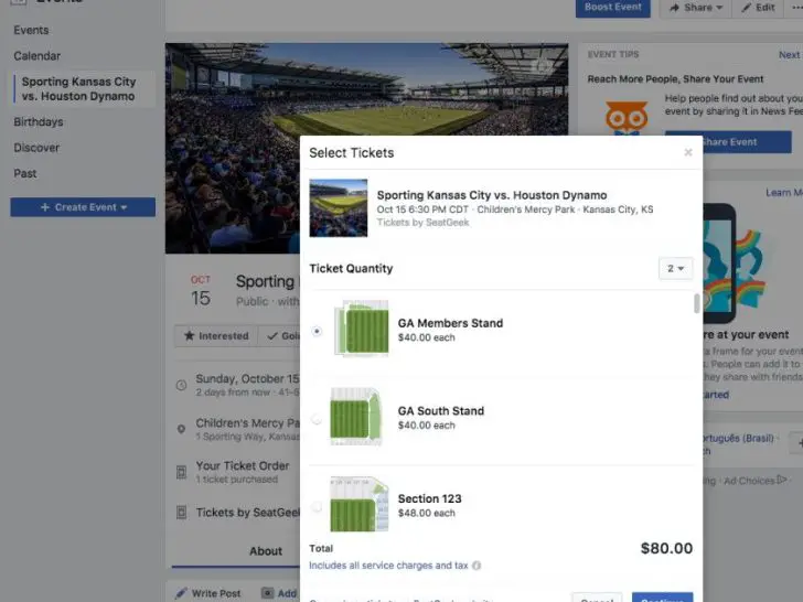 Where can I find my tickets purchased on Facebook?