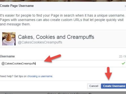 What is an example of a username for a Facebook page?