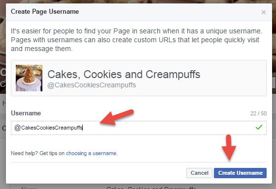 What is an example of a username for a Facebook page