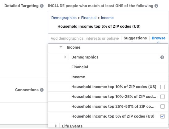 How do you target high income individuals on Facebook