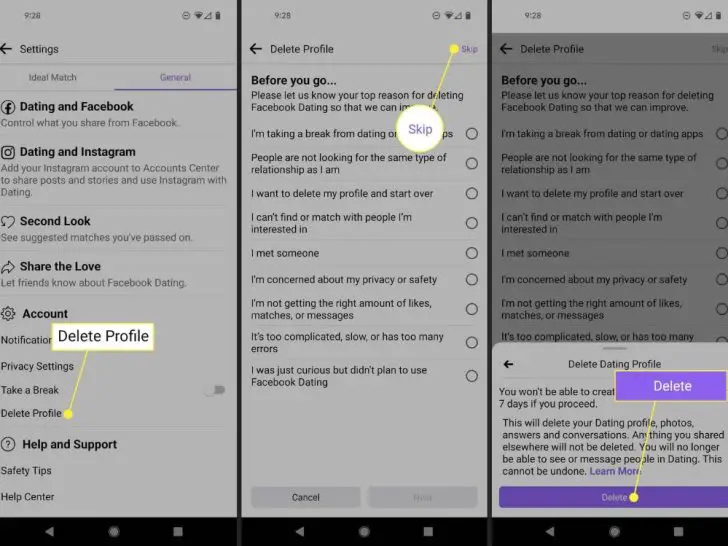How do you delete a Dating profile?