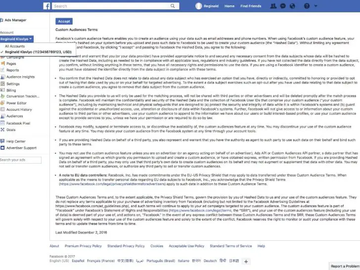 What is the acceptable use policy of Facebook?