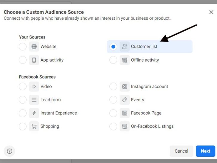 How do I create a custom audience on Facebook with email list