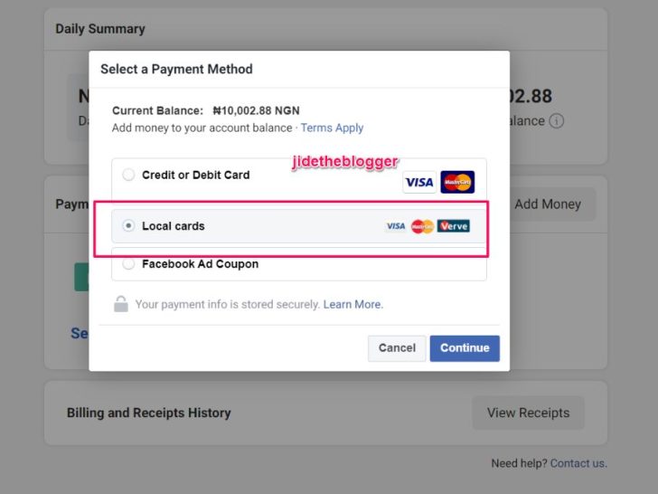 Can I pay for Facebook ads with Verve card?