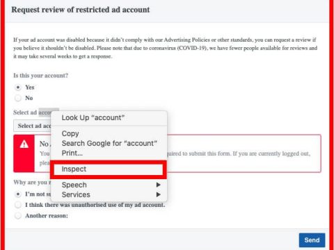 How can I request a review on my disabled Facebook account?