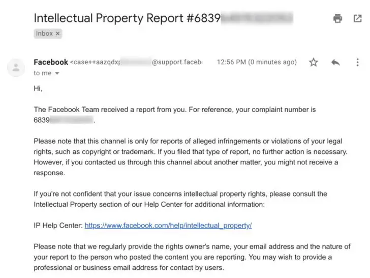 What are my next steps if content I posted on Facebook was removed because it was reported for intellectual property infringement?