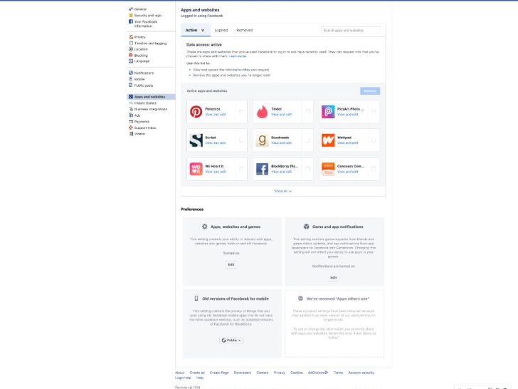 Where are the apps and websites settings on Facebook?