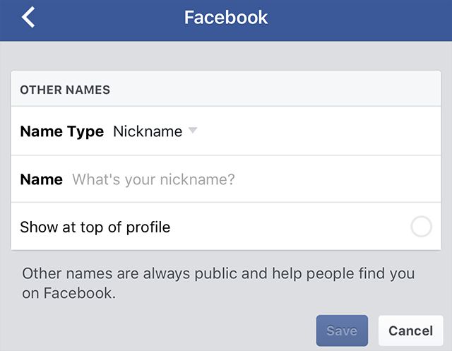 Where do other names appear on Facebook