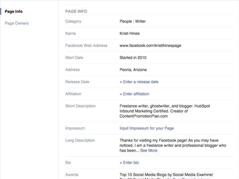 How do I find details of a Facebook page?