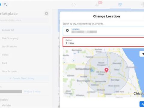 How do I list to the marketplace in a different location on Facebook?