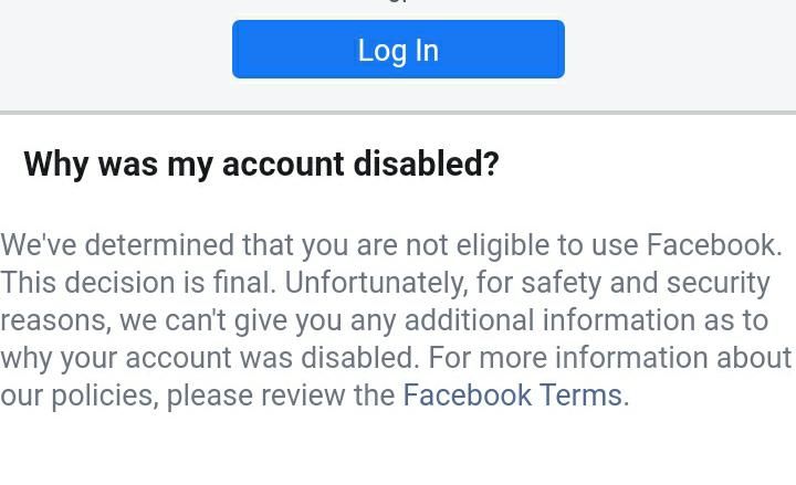 Why your account was disabled because we determined that you are ineligible to use Facebook