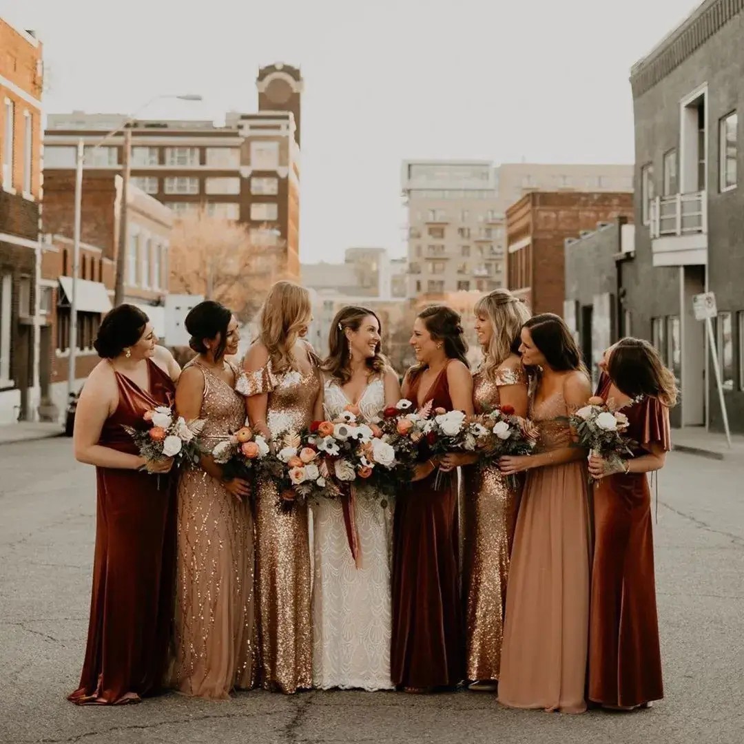 Mismatching velvet bridesmaid dresses