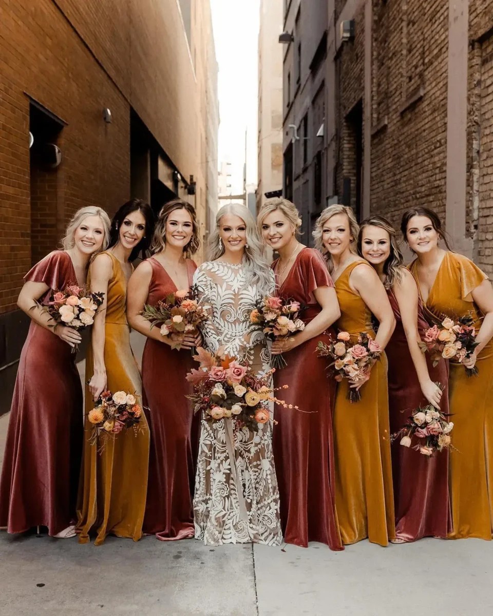 Mismatching velvet bridesmaid dresses