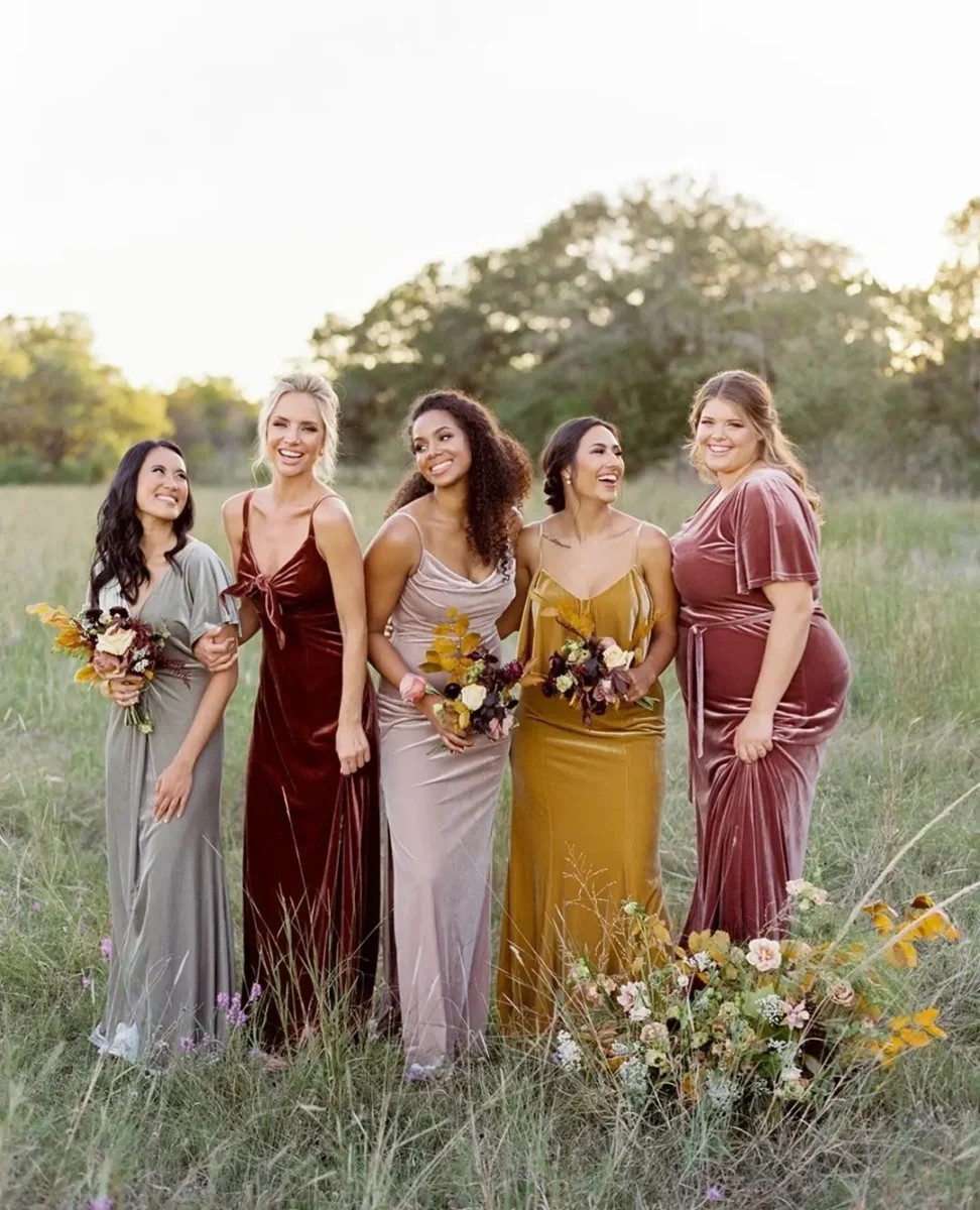 Mismatching velvet bridesmaid dresses