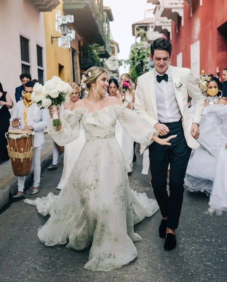 Accessorising a floral wedding dress.