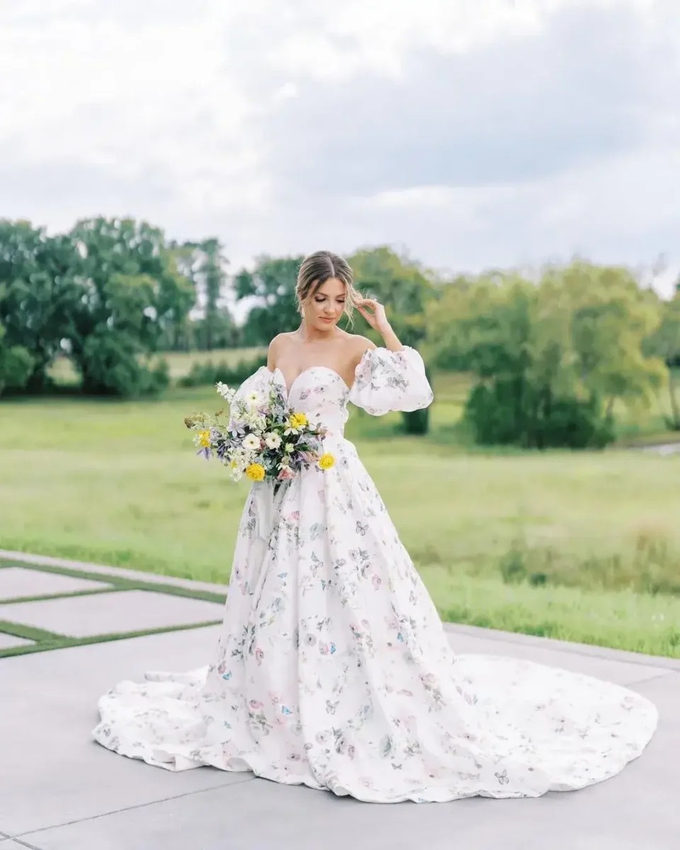 Accessorising a floral wedding dress.