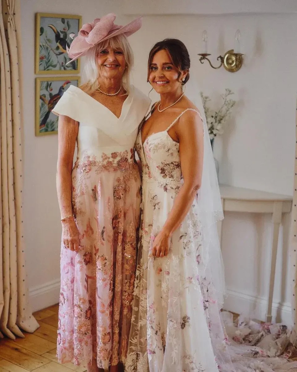 Accessorising a floral wedding dress.