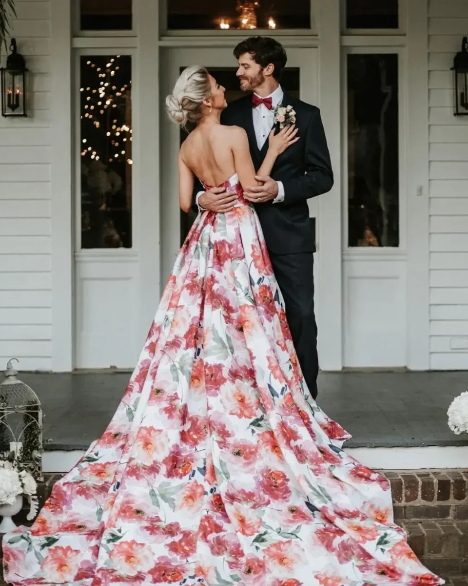 Accessorising a floral wedding dress.