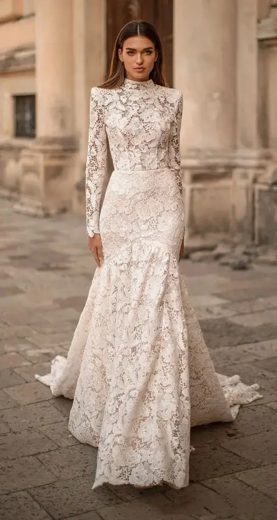 HIgh neck autumn wedding dress