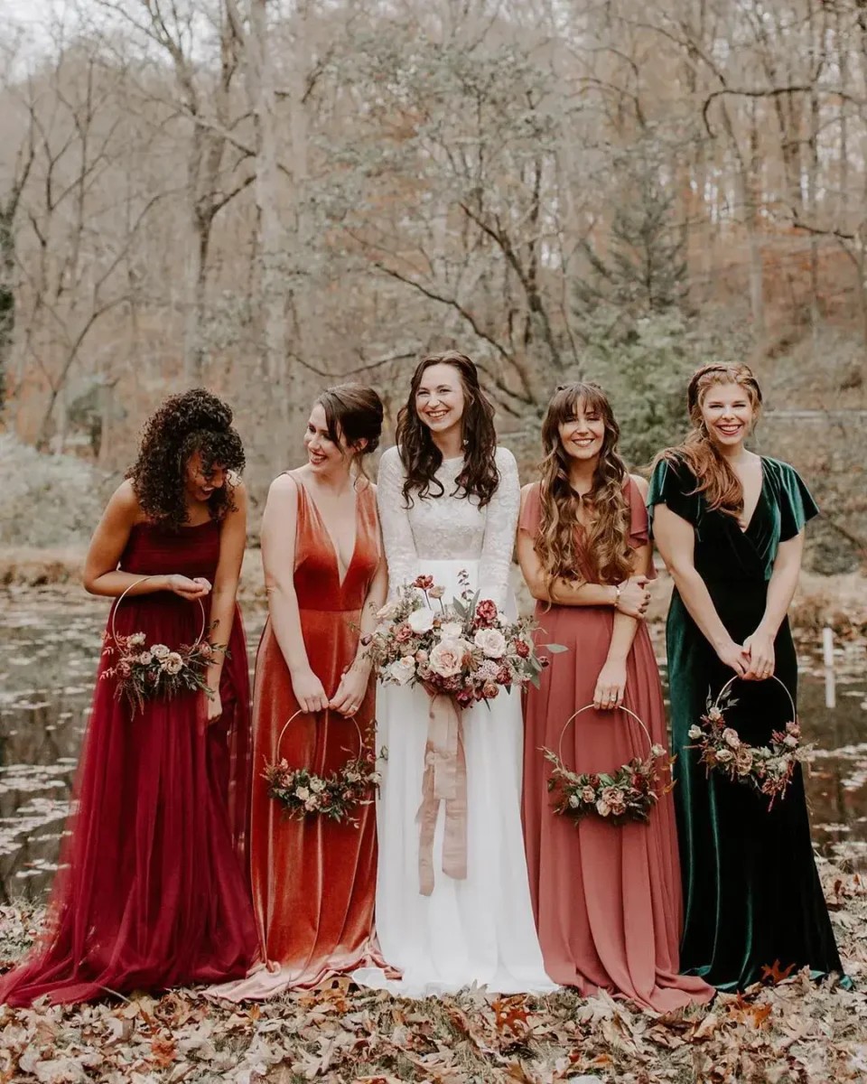 Mismatching velvet bridesmaid dresses