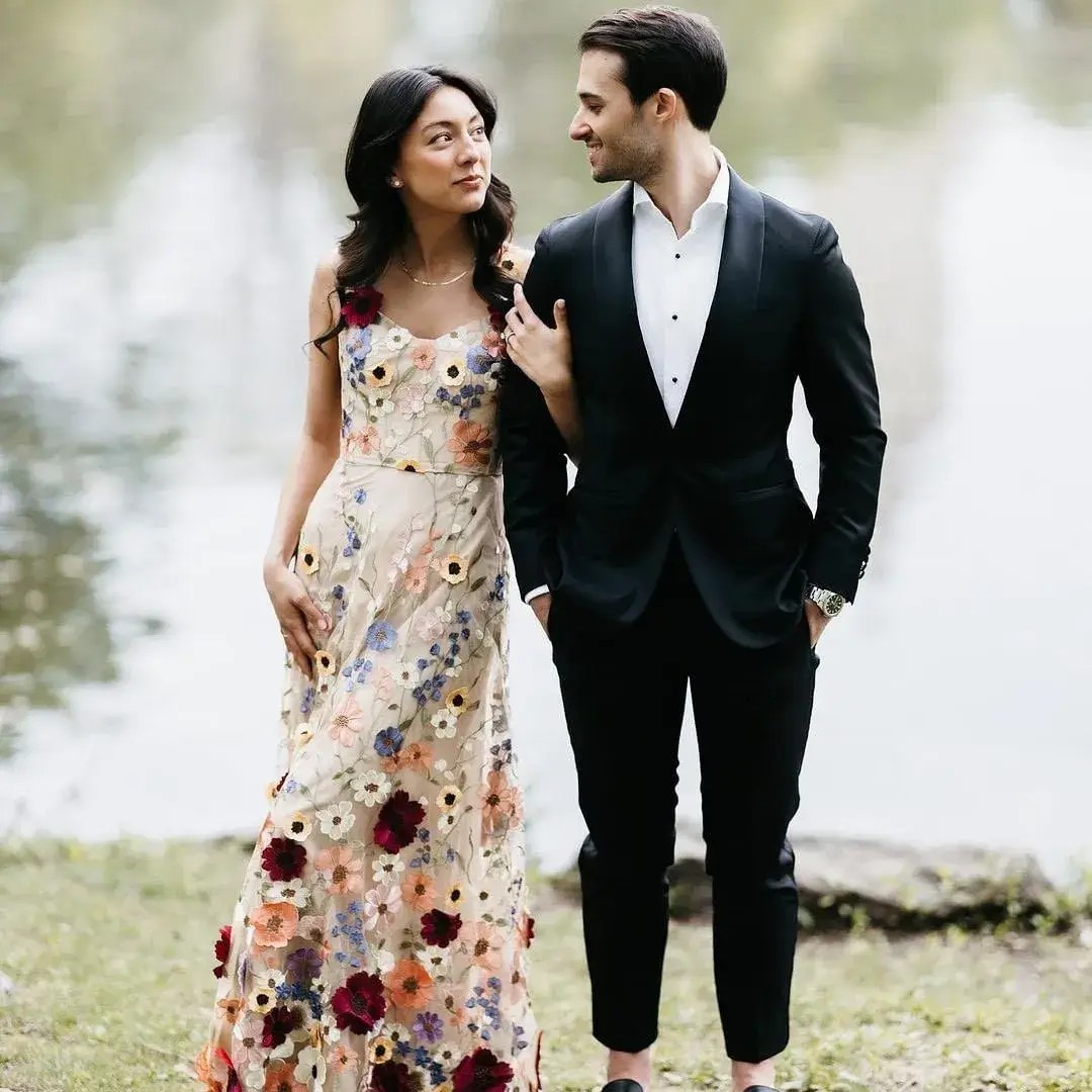 Accessorising a floral wedding dress.