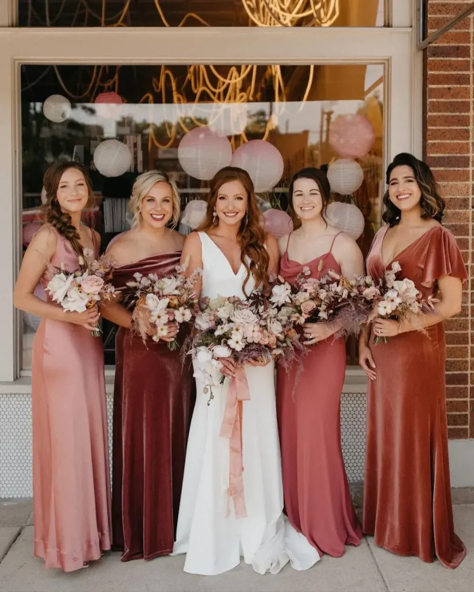 Mismatching velvet bridesmaid dresses