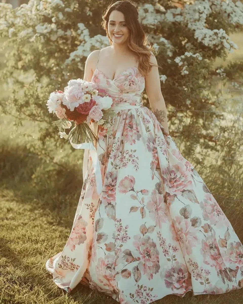 Accessorising a floral wedding dress.