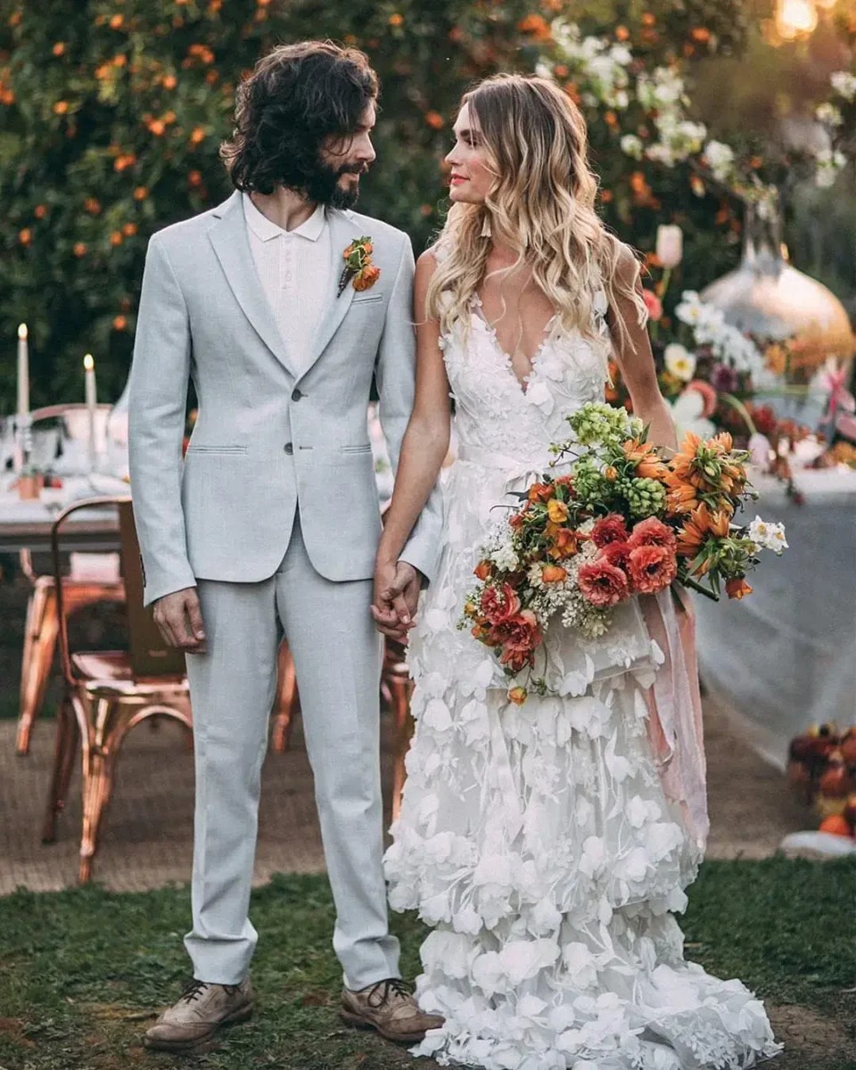 Accessorising a floral wedding dress.